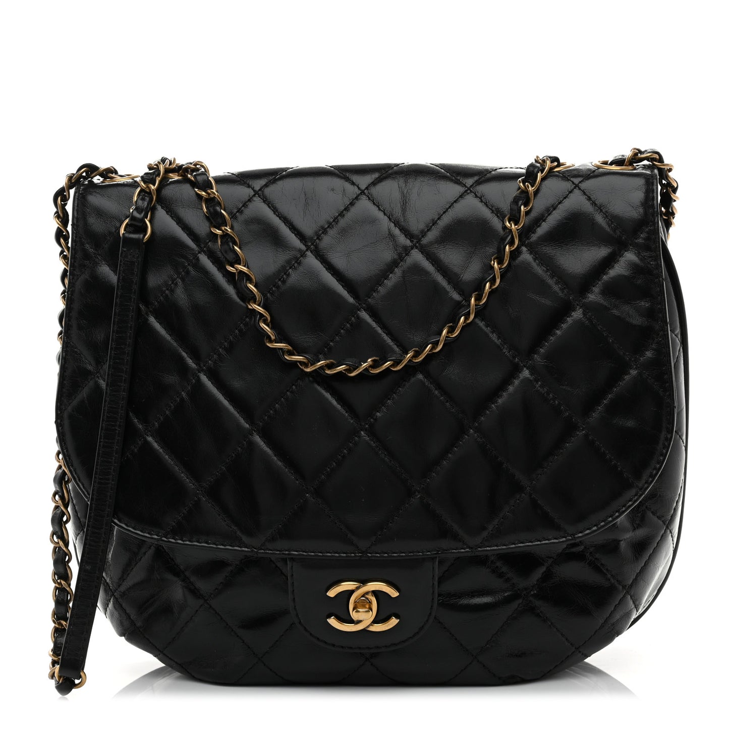 Glazed Calfskin Quilted Medium Bubble CC Flap Black