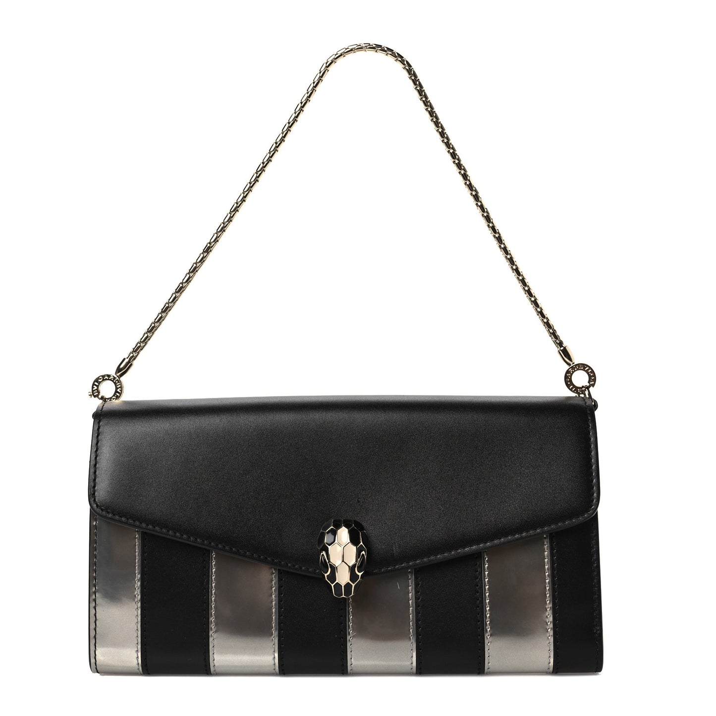 Metallic Calfskin Striped Serpenti Forever Chain Wallet Silver Black