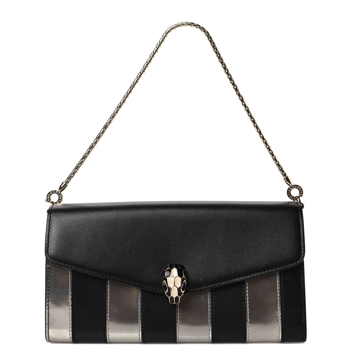 Bulgari Metallic Calfskin Striped Serpenti Forever Chain Wallet Silver Black 1 of 5