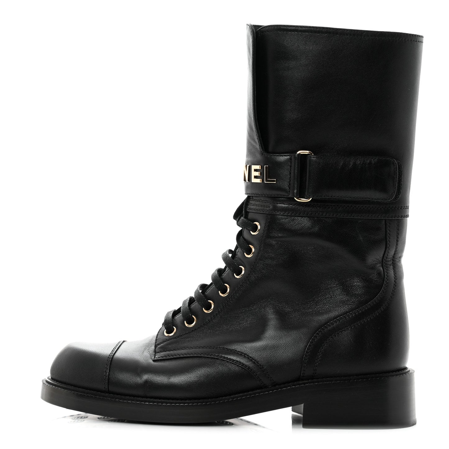 Shiny Calfskin Lace Up Combat Boots 40 Black