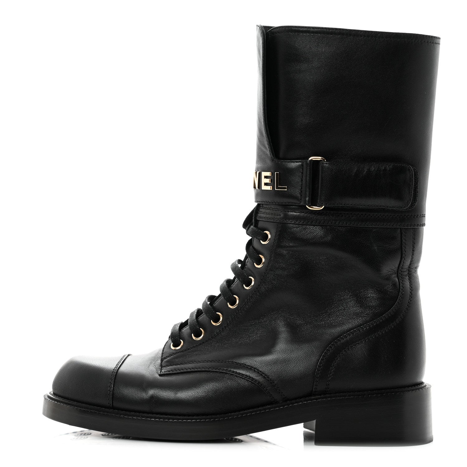 Chanel Shiny Calfskin Lace Up Combat Boots 40 Black 1 of 8