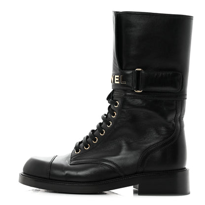 Chanel Shiny Calfskin Lace Up Combat Boots 40 Black 1 of 8