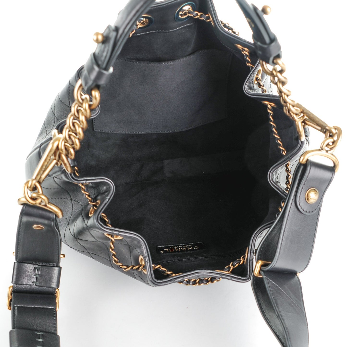 Calfskin Stitched Medium Drawstring CC Bag Black