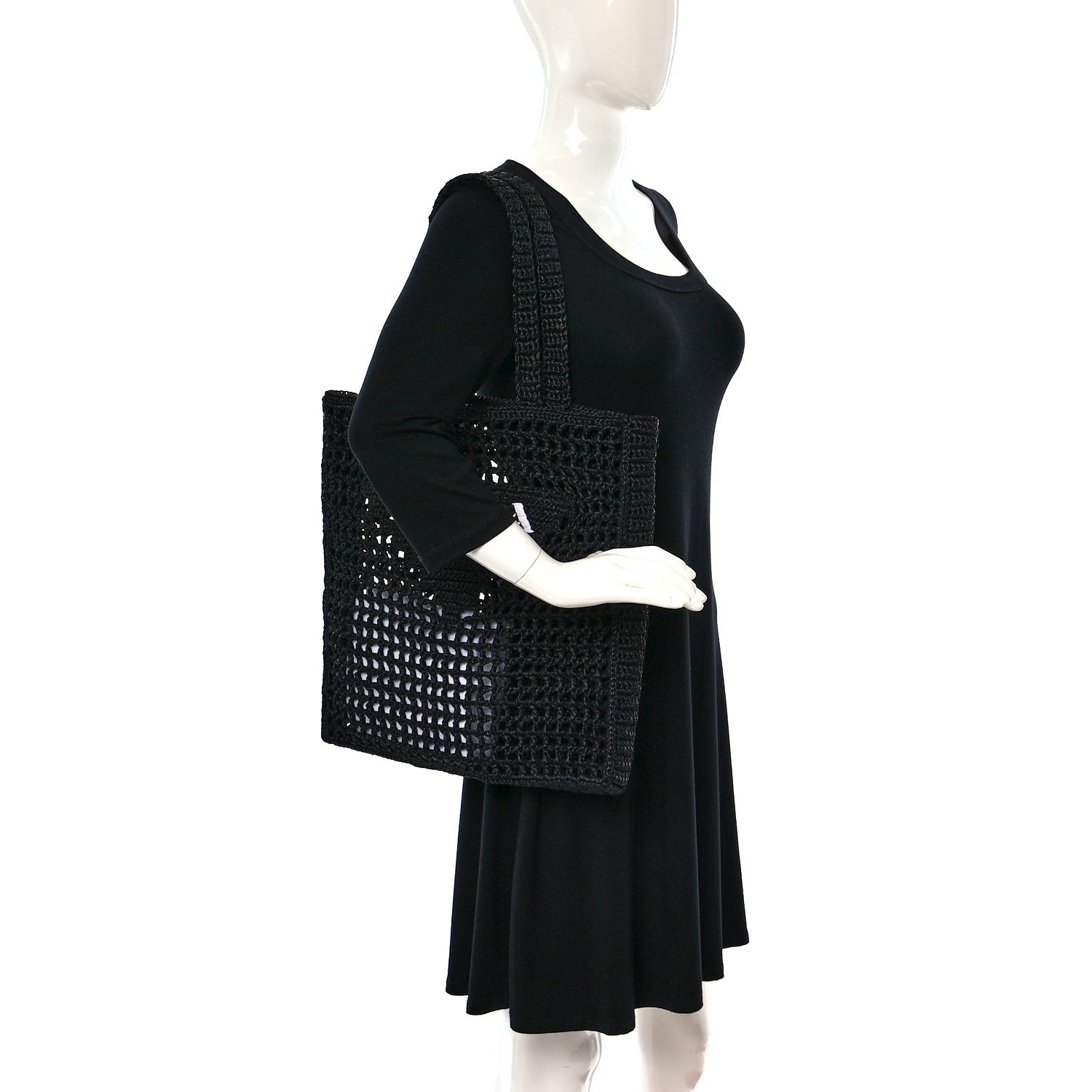 Prada Yarn Raffia Effect Crochet Logo Embroidered Tote Bag Black 2 of 8