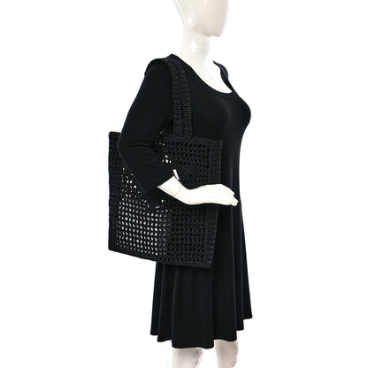 Prada Yarn Raffia Effect Crochet Logo Embroidered Tote Bag Black 2 of 8