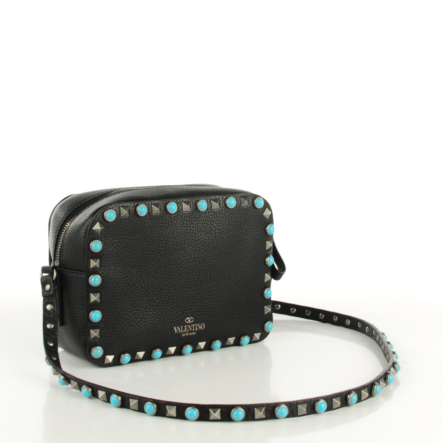 Valentino Garavani Grained Calfskin Turquoise Rockstud Rolling Camera Crossbody Bag Black 3 of 7