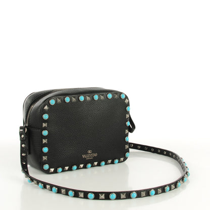 Valentino Garavani Grained Calfskin Turquoise Rockstud Rolling Camera Crossbody Bag Black 3 of 7
