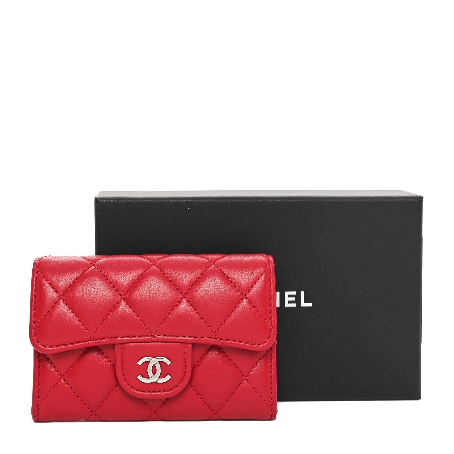 Lambskin Quilted Flap Card Holder Wallet Red