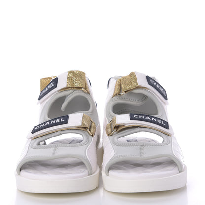 Chanel Goatskin Fabric Gladiator Sandals 41 White Light Grey Navy Blue 2 of 10