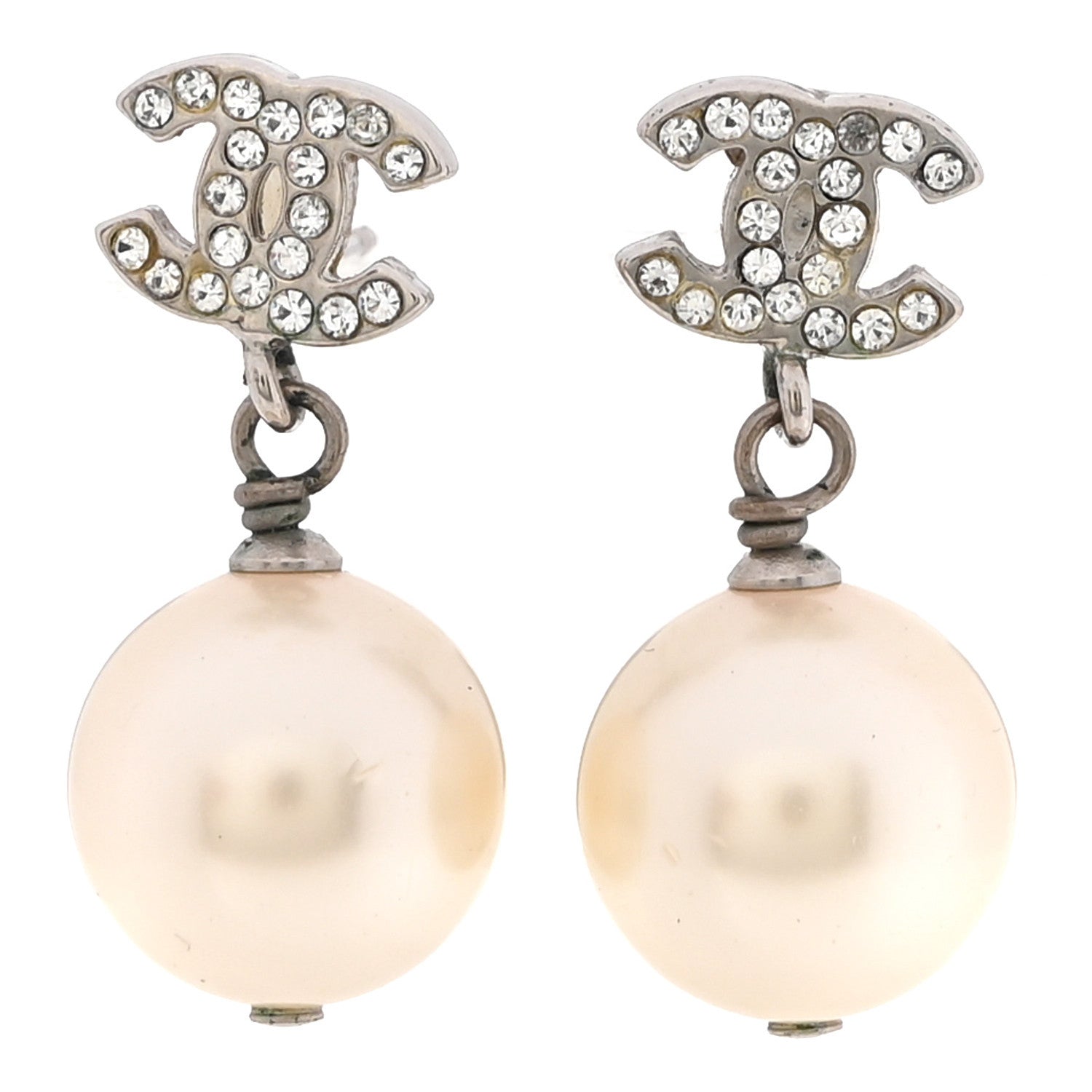 Chanel Crystal Pearl CC Drop Earrings Silver Pearly White 1 of 4