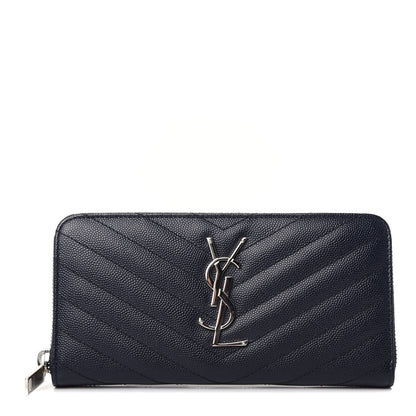 Saint Laurent Grain De Poudre Matelasse Chevron Monogram Zip Around Wallet Deep Marine 1 of 6