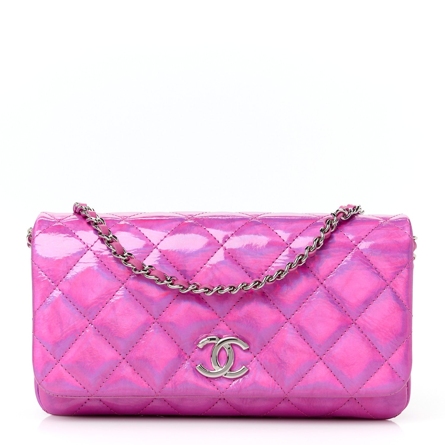 Chanel Iridescent Mirror Goatskin Quilted Clutch With Chain Pink 1 of 12