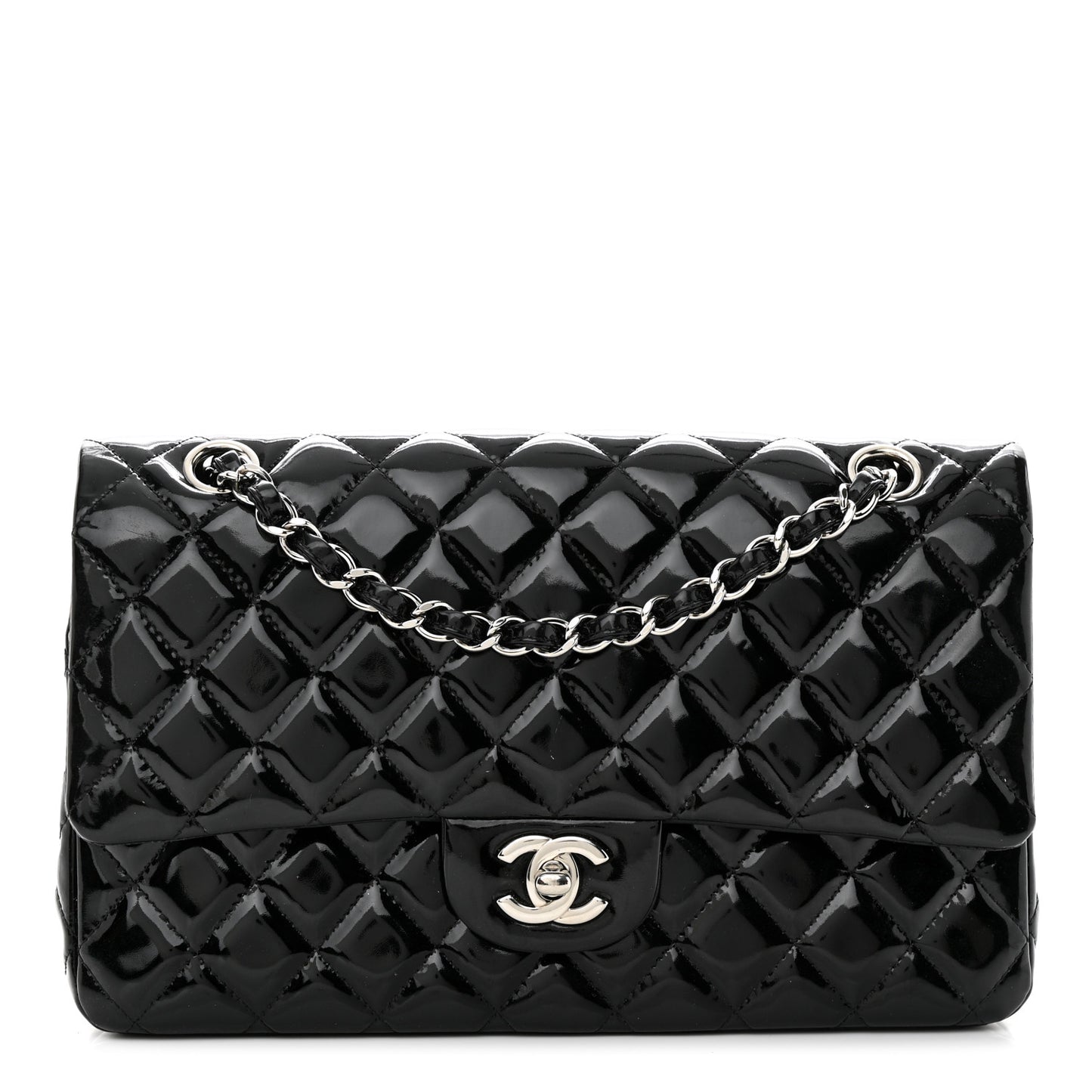 Patent Quilted Medium Double Flap Black