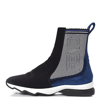 Fendi Velvet Stretch Logo High Top Sneakers 39 Black Blue 1 of 10