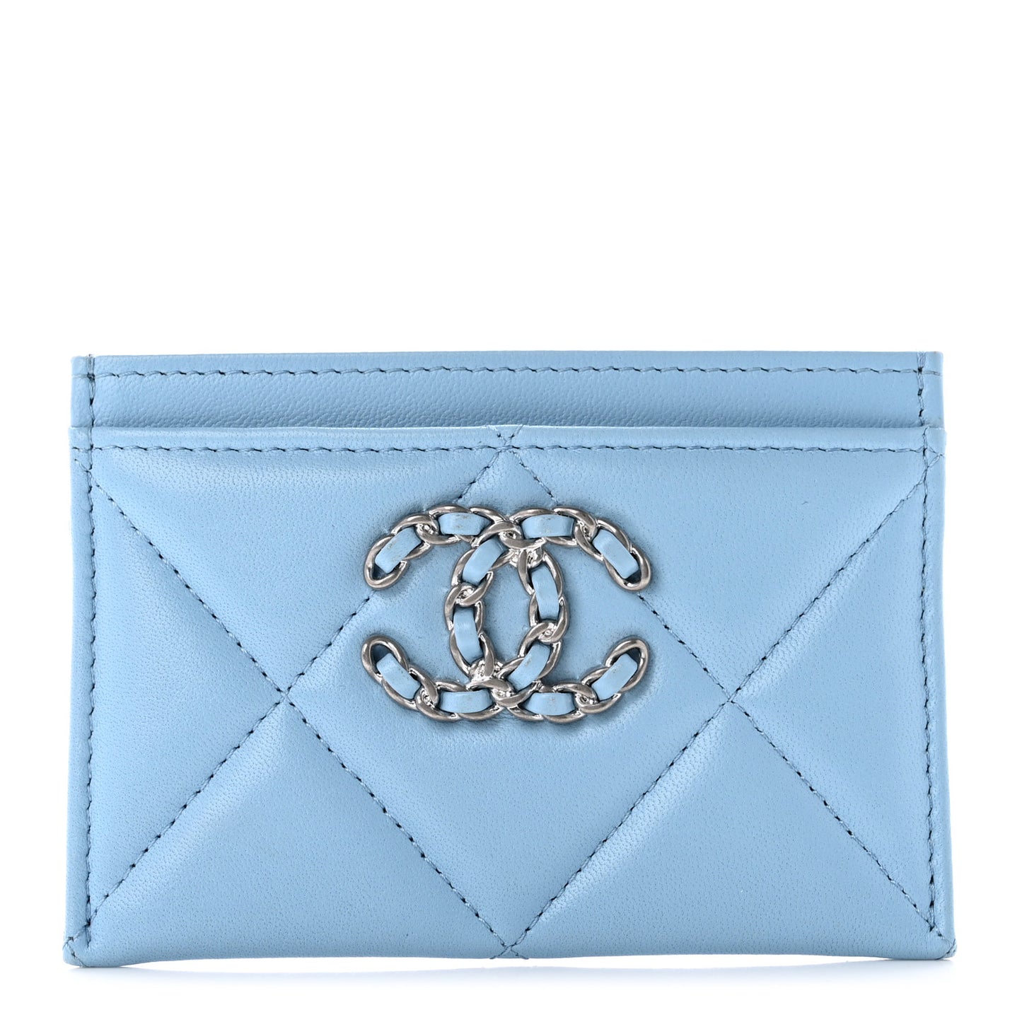 Lambskin Quilted Chanel 19 Card Holder Light Blue