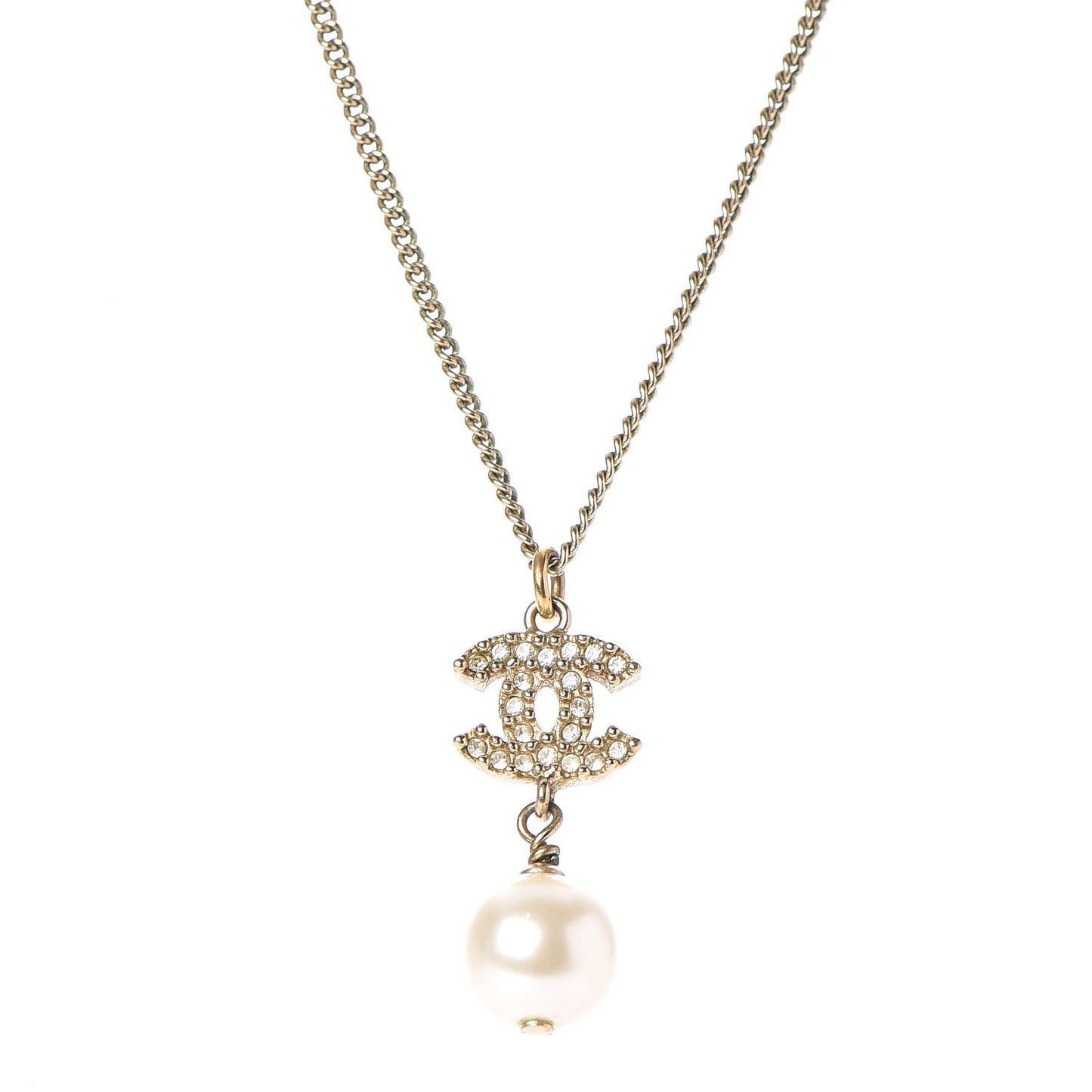 Pearl Crystal CC Pendant Necklace Light Gold
