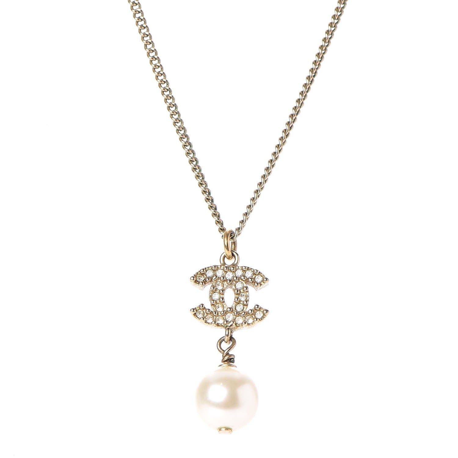 Chanel Pearl Crystal CC Pendant Necklace Light Gold 1 of 5