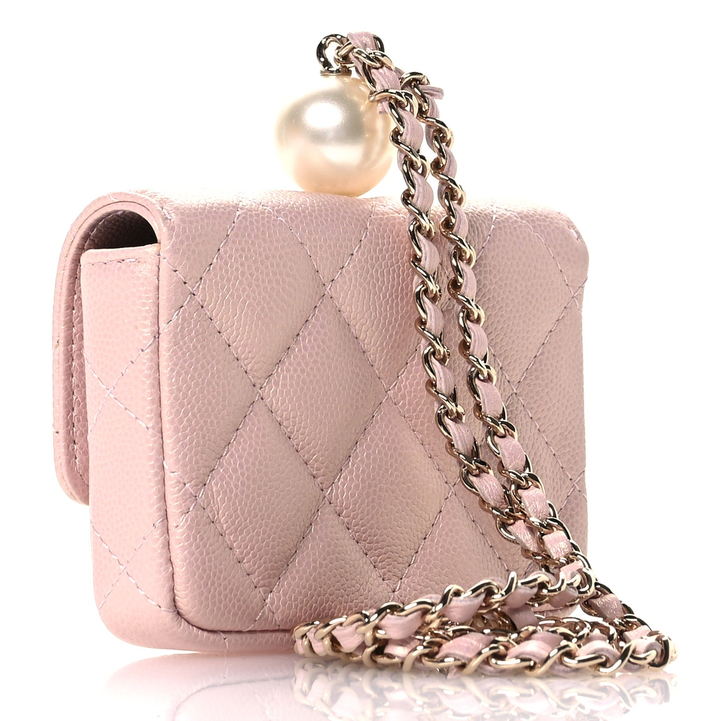 Iridescent Caviar Quilted Pearl On Top Coin Purse With Chain Light Pink