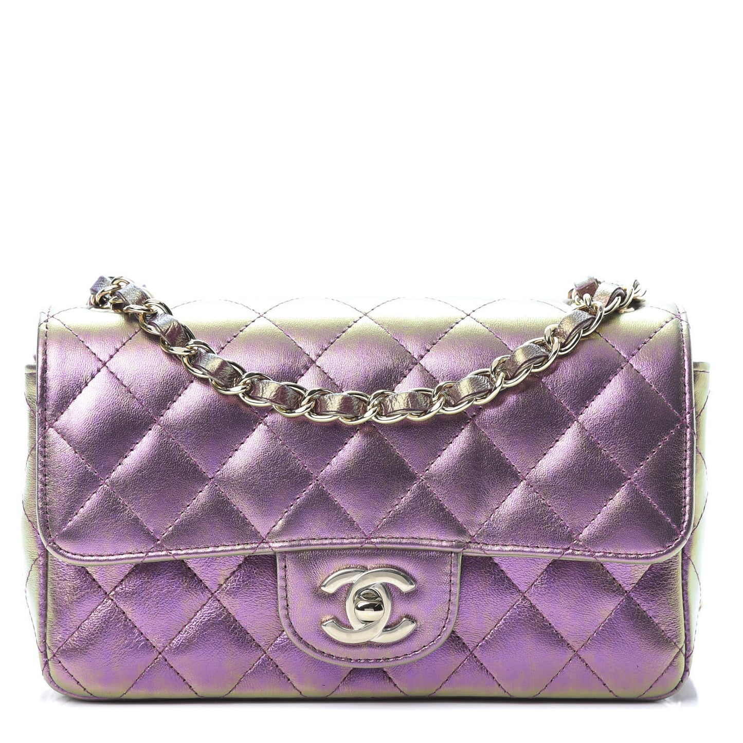 Iridescent Lambskin Quilted Mini Rectangular Flap Purple