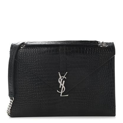 Saint Laurent Calfskin Crocodile Embossed Monogram Large Satchel Black 1 of 9