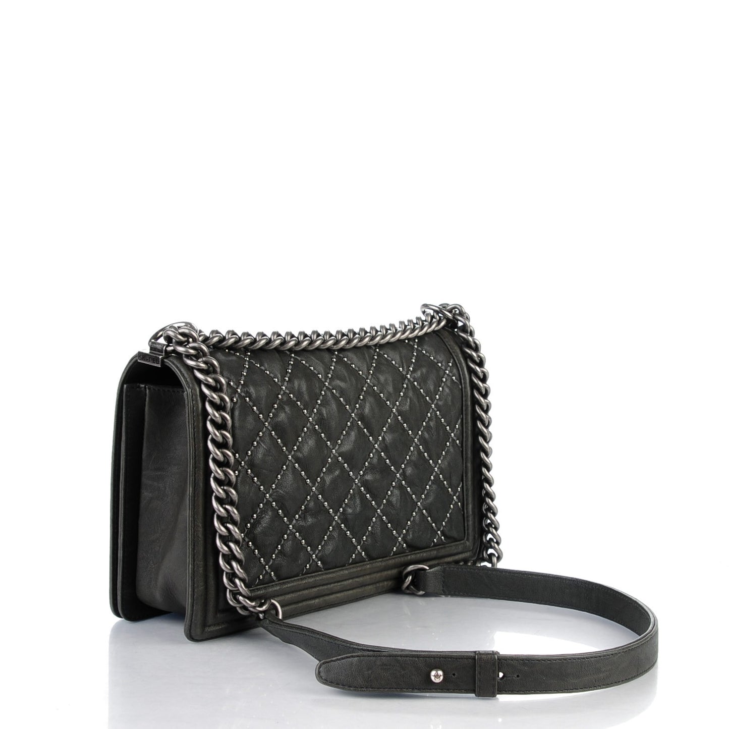 Crumpled Lambskin Large Studded Boy Flap Dark Gray