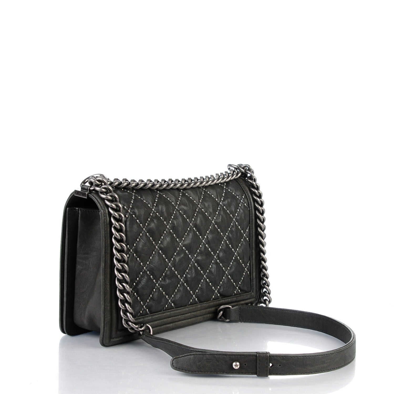 Chanel Crumpled Lambskin Large Studded Boy Flap Dark Gray 3 of 8