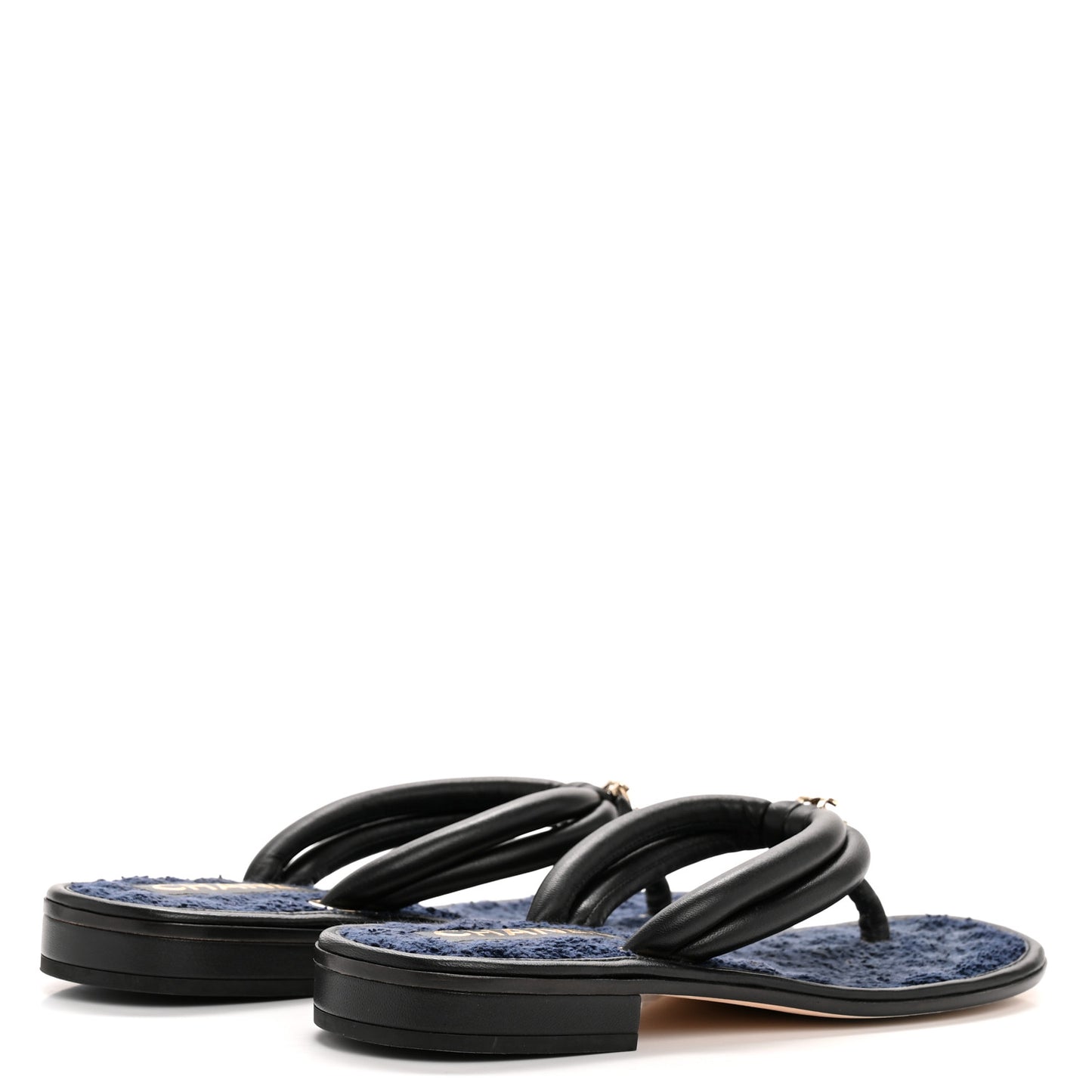 Lambskin Terry Cloth CC Thong Sandals 38 Black Dark Navy