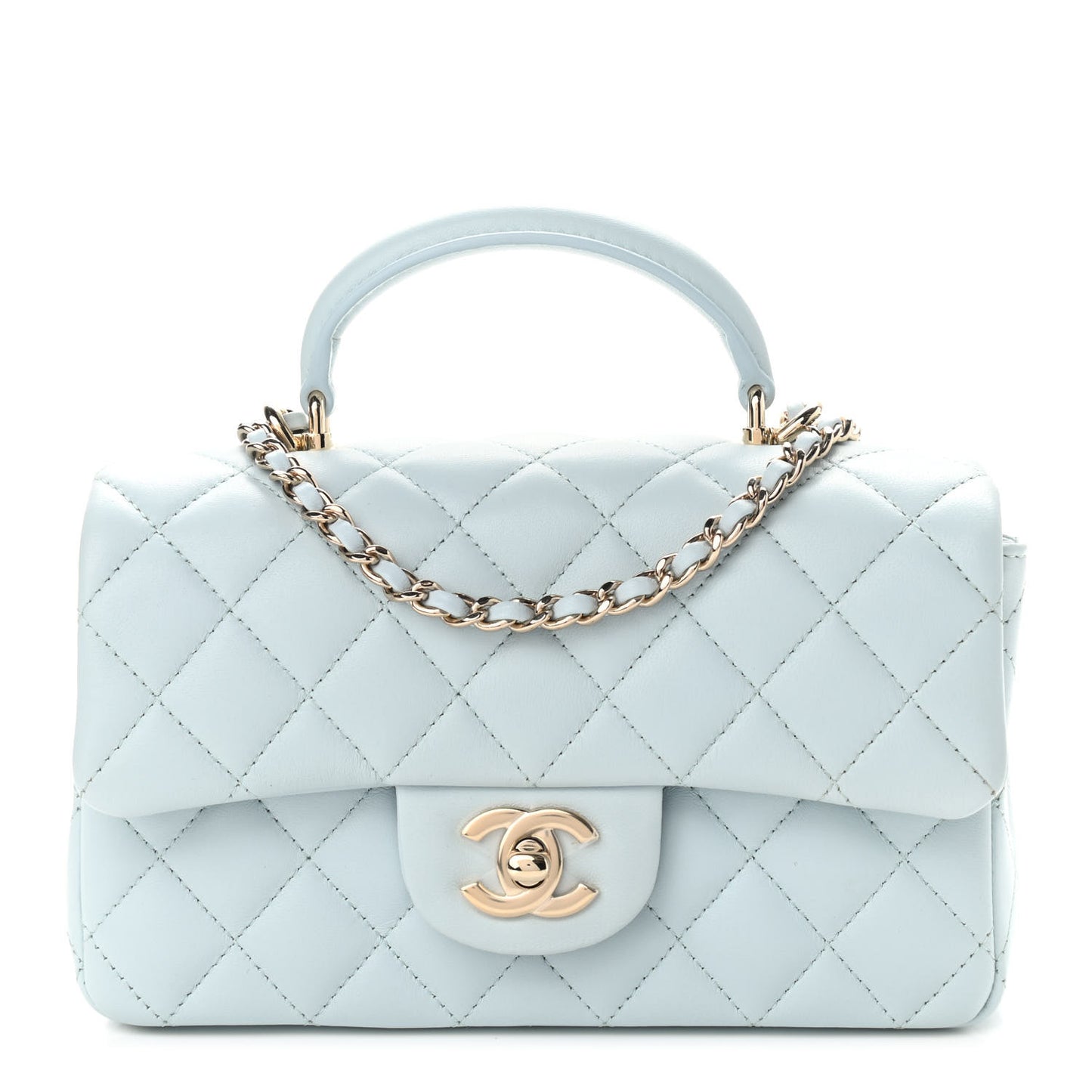 Lambskin Quilted Mini Top Handle Rectangular Flap Light Blue