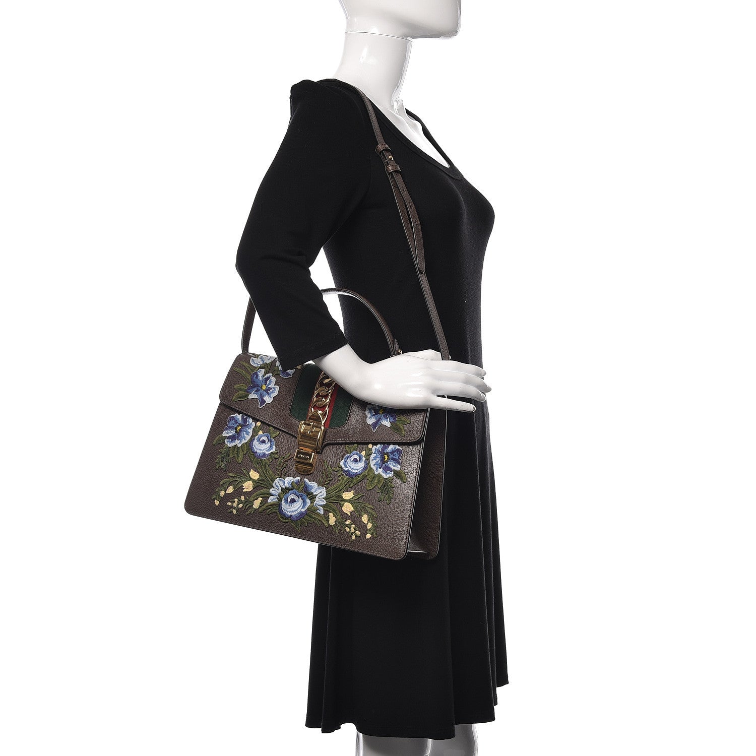 Gucci Calfskin Embroidered Medium Sylvie Top Handle Bag New Acero Multicolor 2 of 11