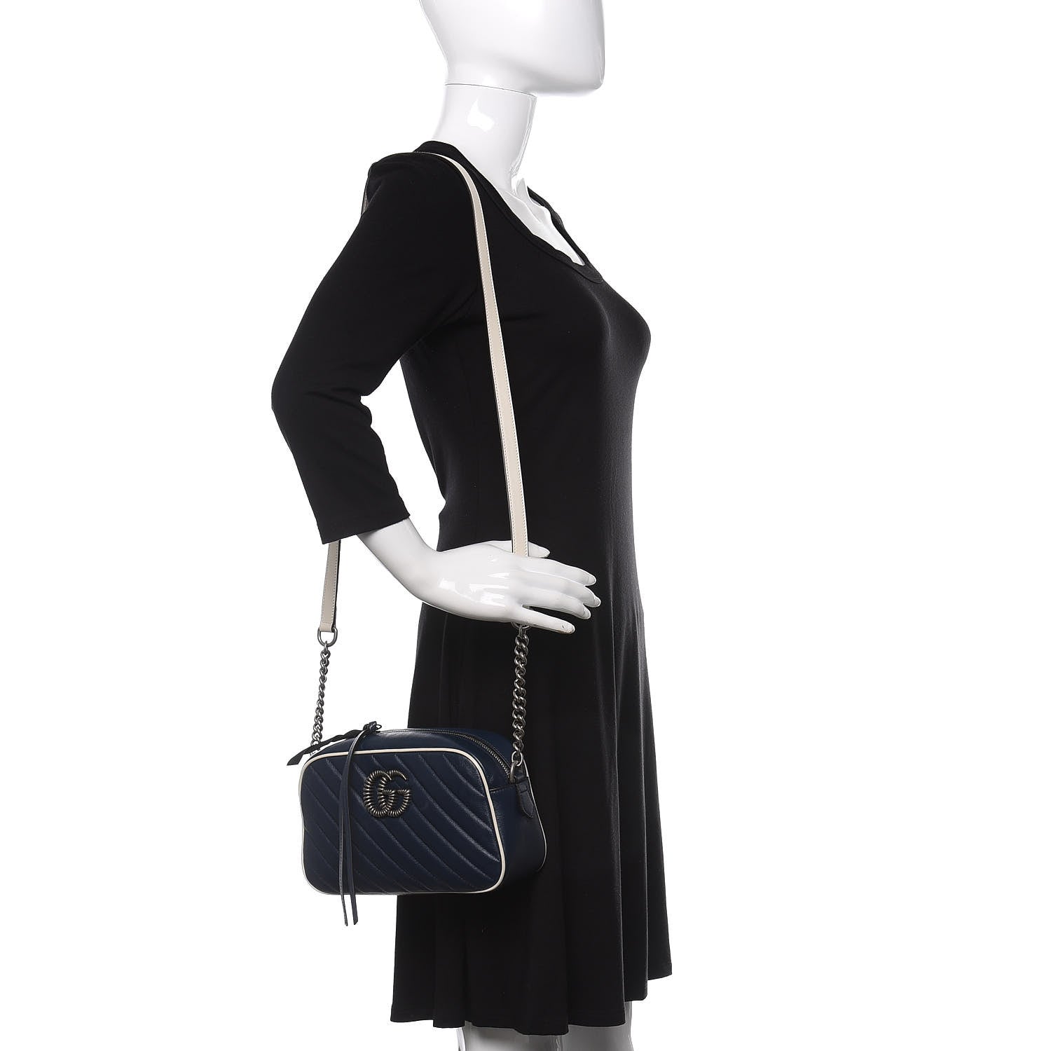 Gucci Vintage Effect Calfskin Matelasse Diagonal Small Torchon GG Marmont Chain Shoulder Bag Blue Agata Mystic White 2 of 10