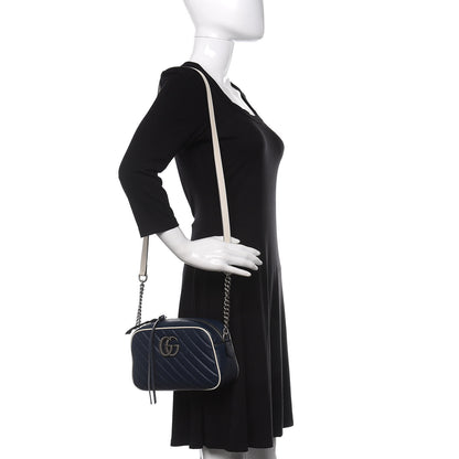 Gucci Vintage Effect Calfskin Matelasse Diagonal Small Torchon GG Marmont Chain Shoulder Bag Blue Agata Mystic White 2 of 10