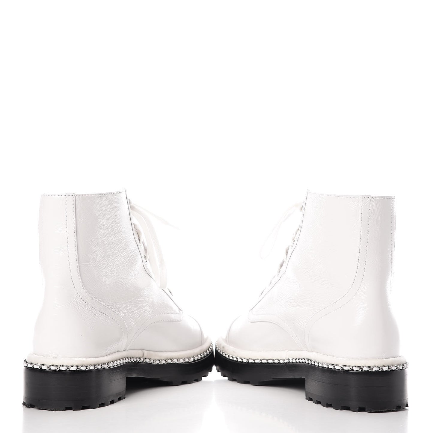 Crackled Calfskin Pearl Chain CC Combat Short Boots 40 White
