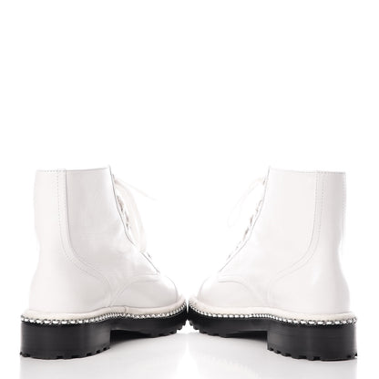 Chanel Crackled Calfskin Pearl Chain CC Combat Short Boots 40 White 6 of 16