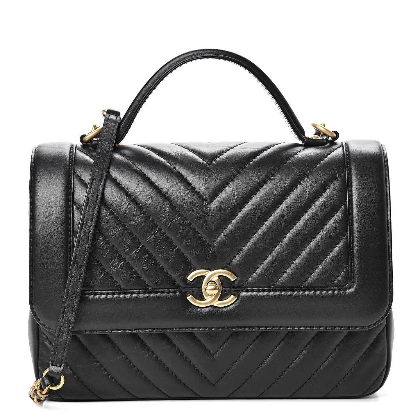 Calfskin Chevron Quilted Top Handle Flap Black