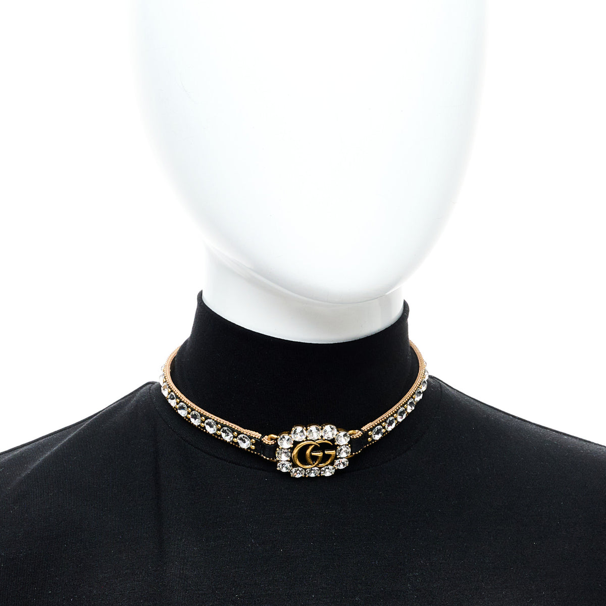 Calfskin Crystal Embellished Double G Choker Necklace Black