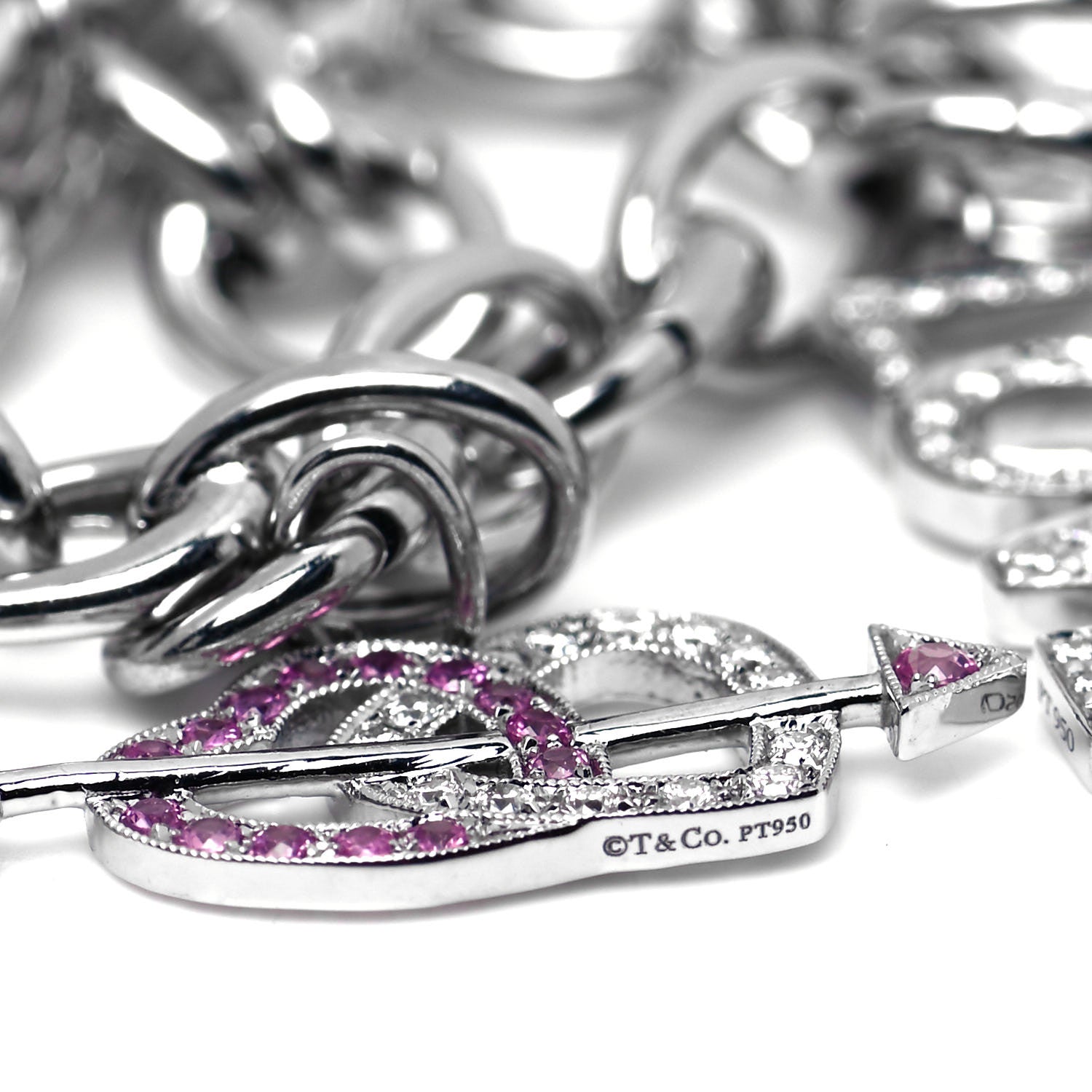 Tiffany Platinum Diamond Pink Sapphire Clasping Link 7 Charm Bracelet 5 of 6