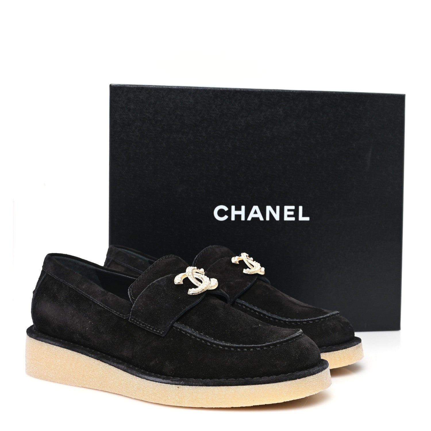 Chanel Suede Calfskin Pearl CC Moccasin Loafers 38.5 Black 10 of 10