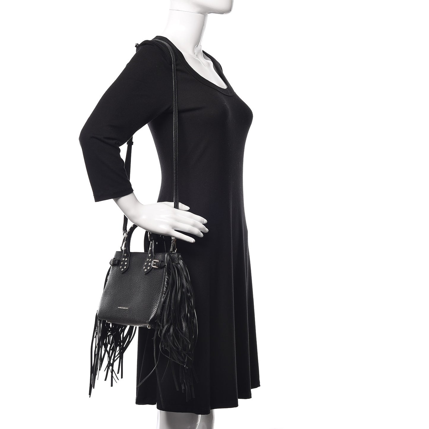 Grainy Calfskin Studded Fringe Baby Banner Tote Black