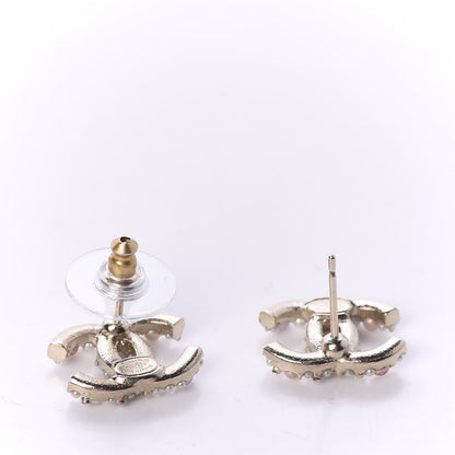 Chanel Pearl Crystal CC Charms Stud Earrings Light Gold Pink 3 of 6