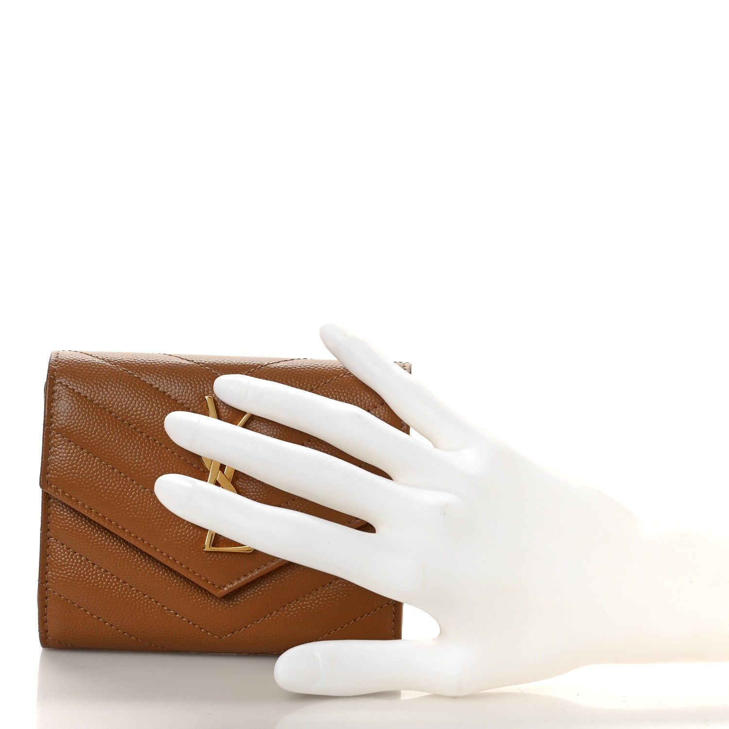 Saint Laurent Grain De Poudre Matelasse Chevron Monogram Compact Tri Fold Wallet Natural Dark 2 of 9
