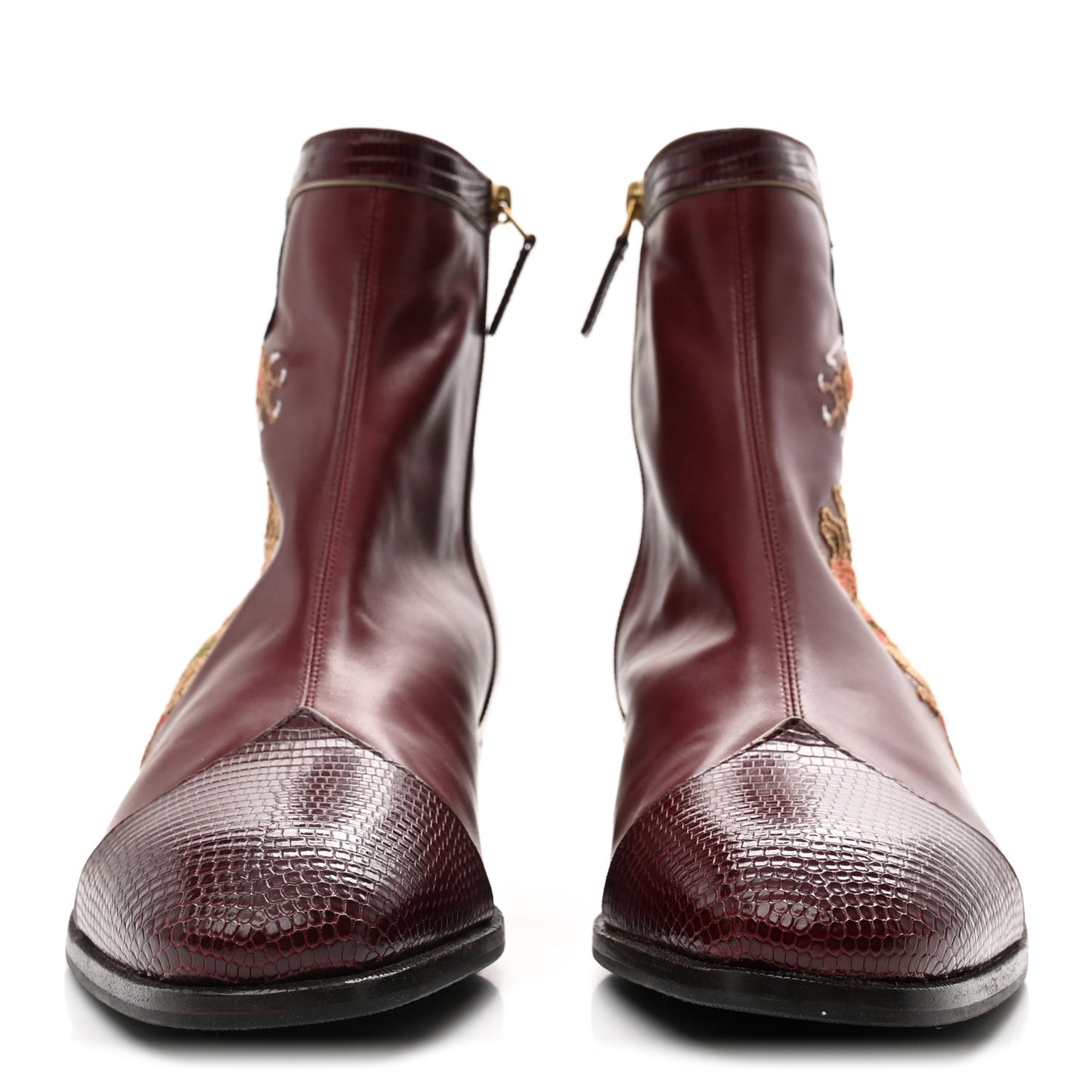 Calfskin Malaga Kid Lizard Web Dragon Embroidered Ankle Boots 8.5 Bordeaux