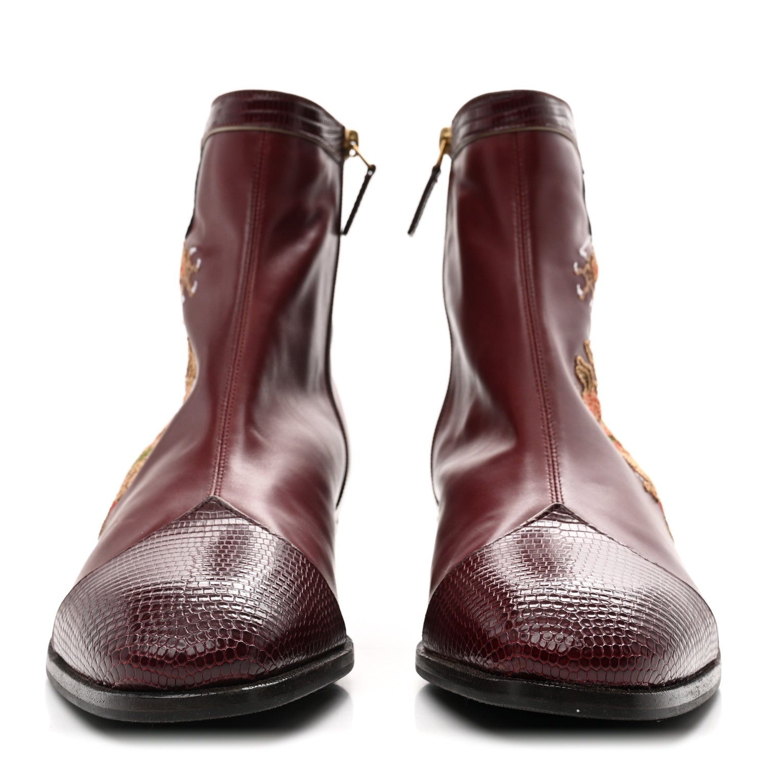 Gucci Calfskin Malaga Kid Lizard Web Dragon Embroidered Ankle Boots 8.5 Bordeaux 3 of 10