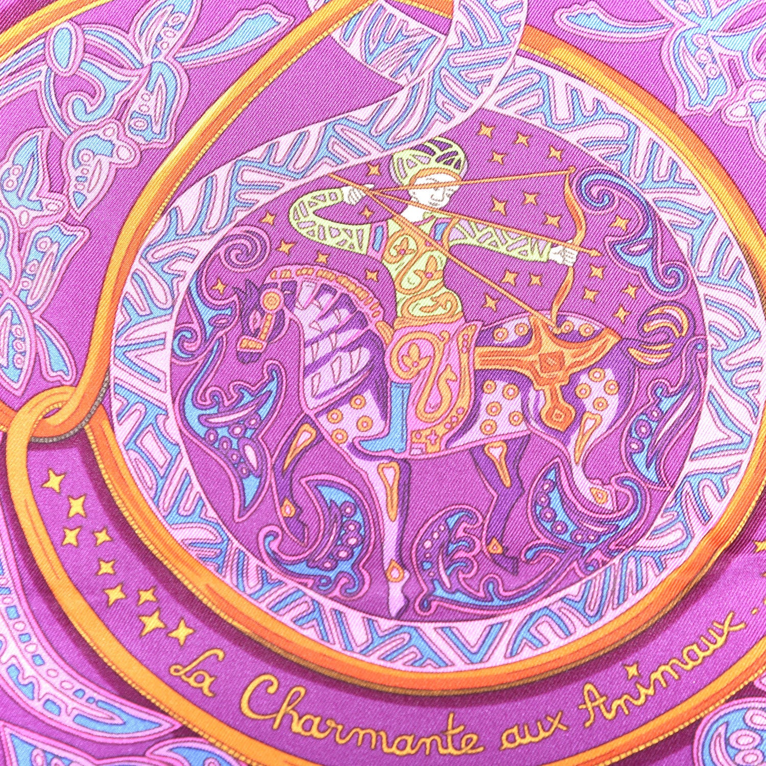 Hermes Silk La Charmante Aux Animux Scarf 90 Violet Orange Bleu 4 of 4