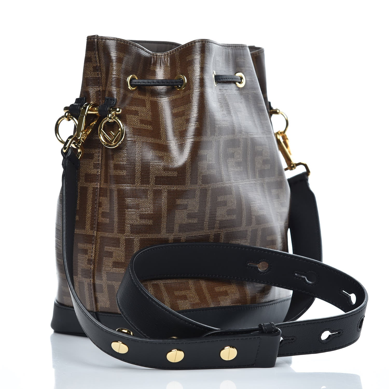 Fendi Glazed Fabric Vitello Grace F is Fendi FF 1974 Stamp Patch Grande Mon Tresor Bucket Bag Mogano Panna Black 3 of 10