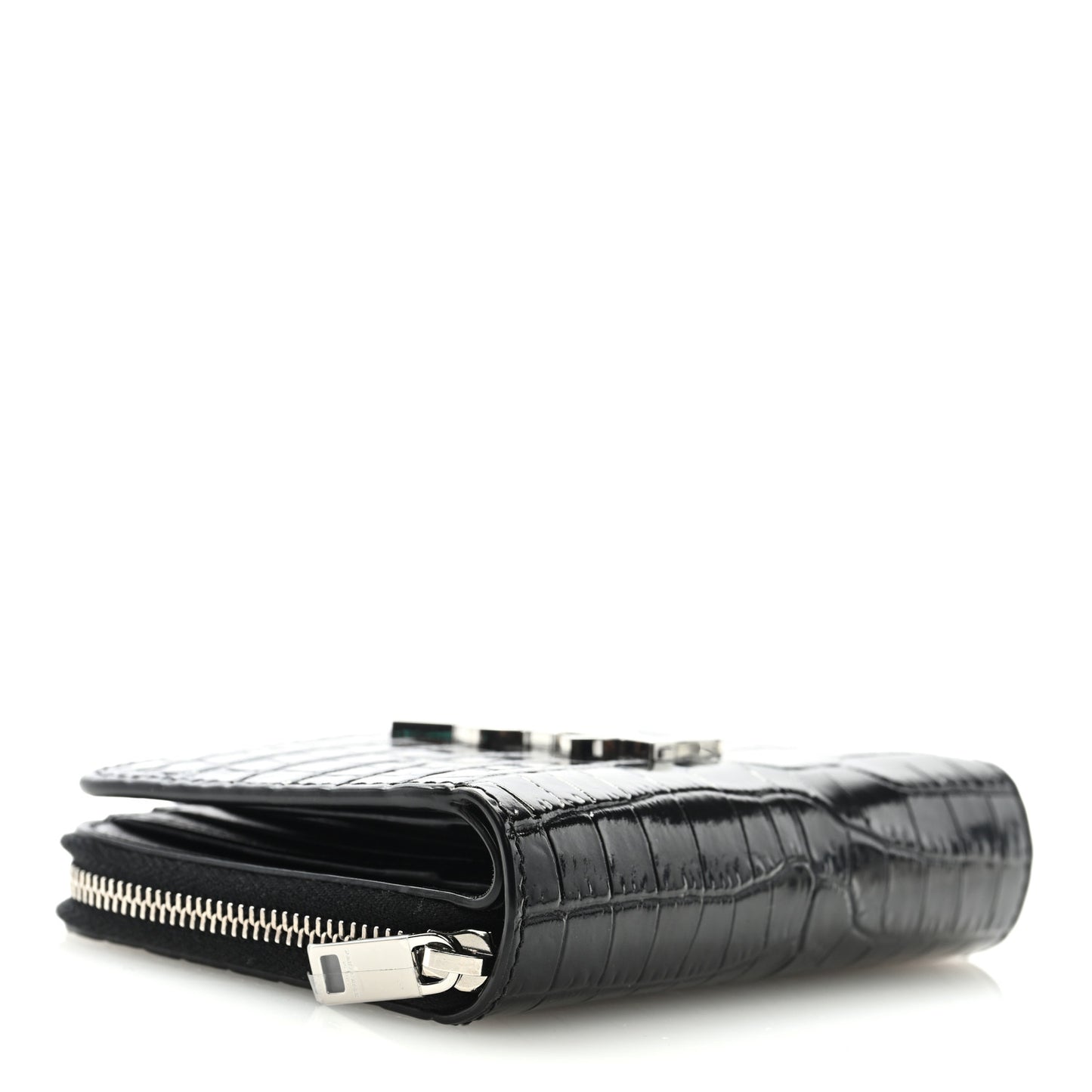 Calfskin Crocodile Embossed Monogram Compact Wallet Black