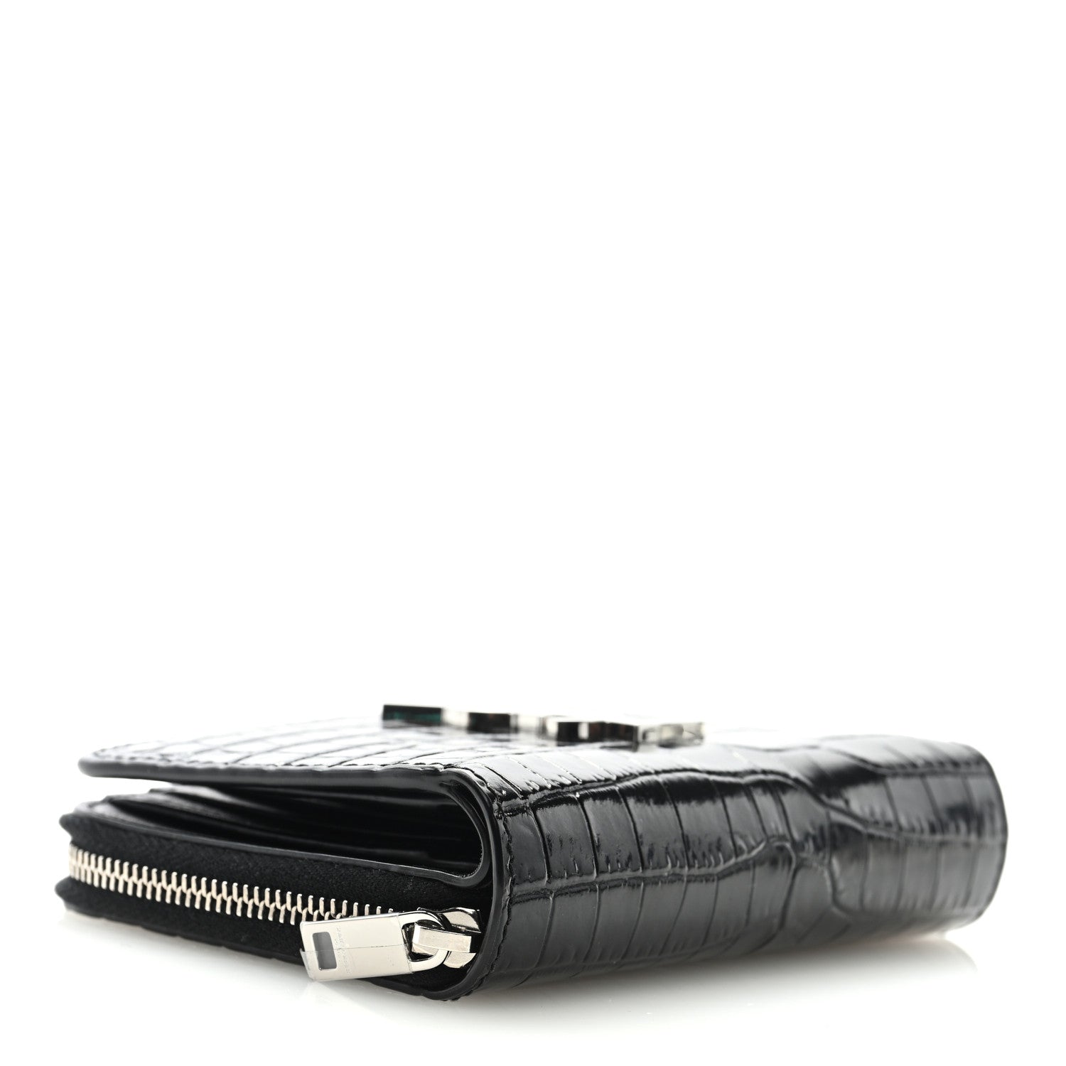 Saint Laurent Calfskin Crocodile Embossed Monogram Compact Wallet Black 4 of 6