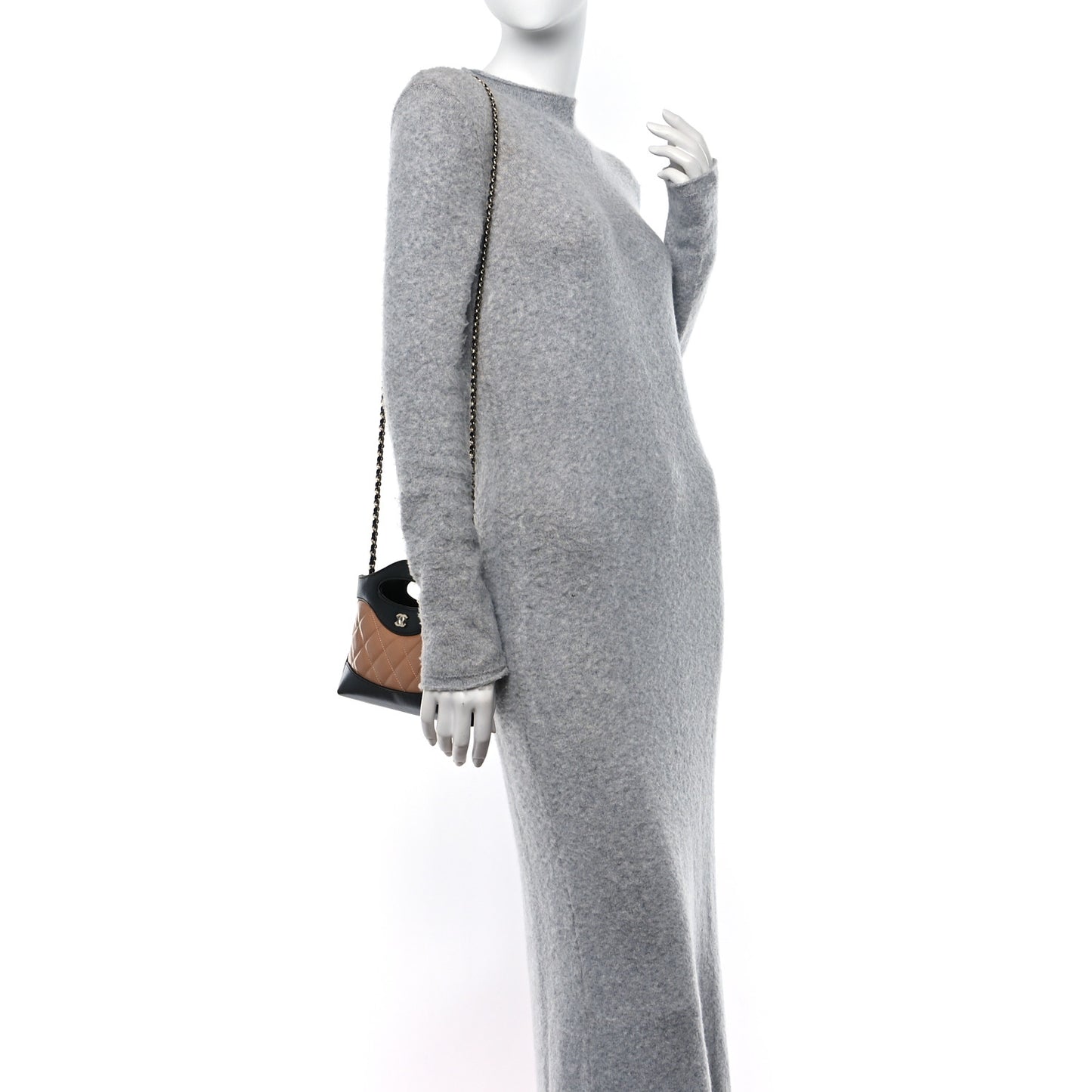 Shiny Crumpled Calfskin Quilted Nano 31 Shopping Bag Dark Beige Black