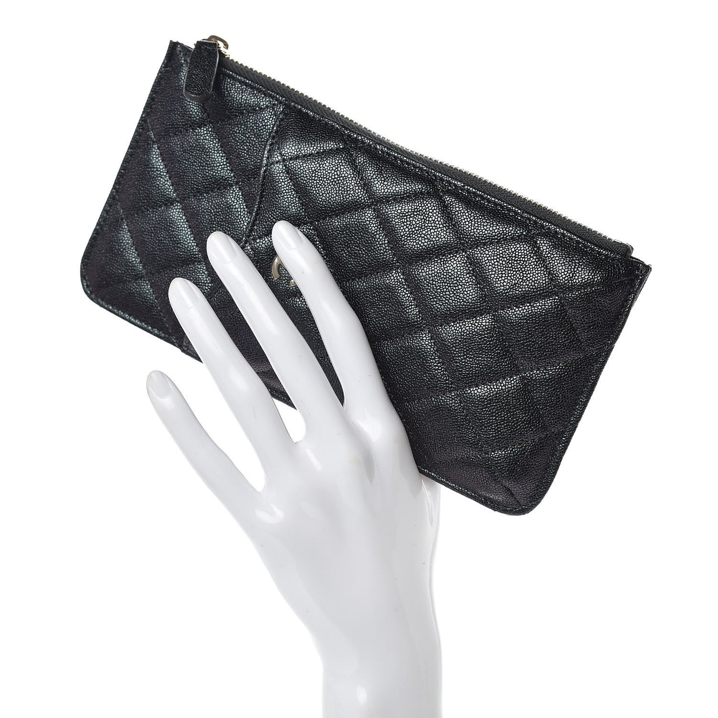 Iridescent Caviar Quilted Classic Flat Wallet Pouch Black
