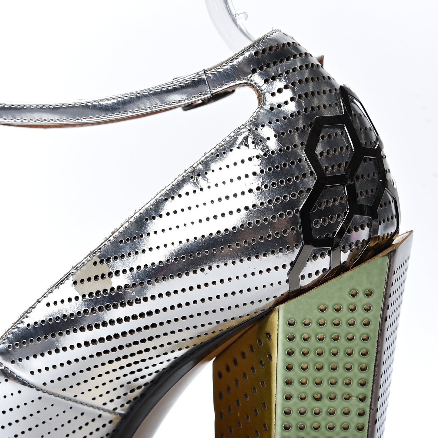 Metallic Calfskin Perforated T-Bar Pumps 37.5 Silver Multicolor