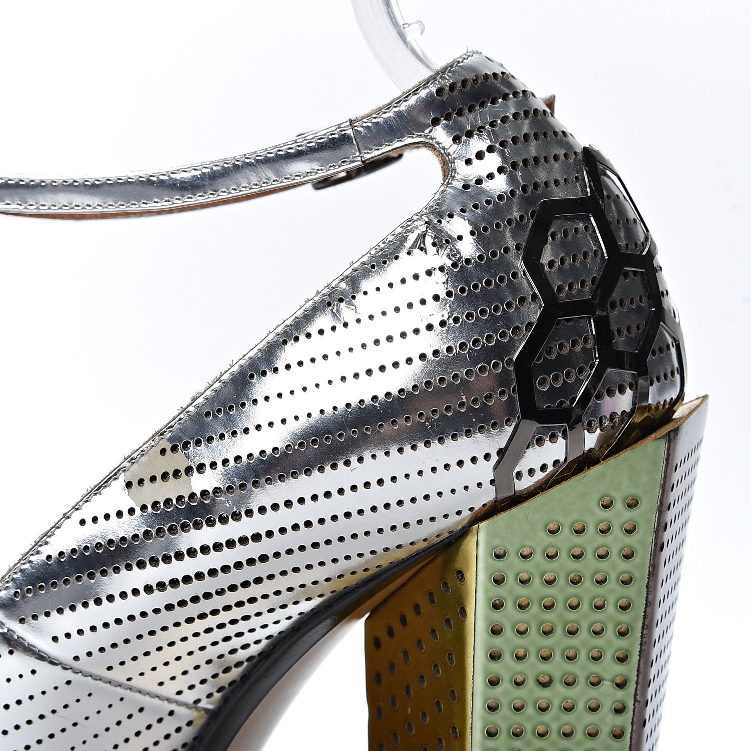 Fendi Metallic Calfskin Perforated T-Bar Pumps 37.5 Silver Multicolor 6 of 10